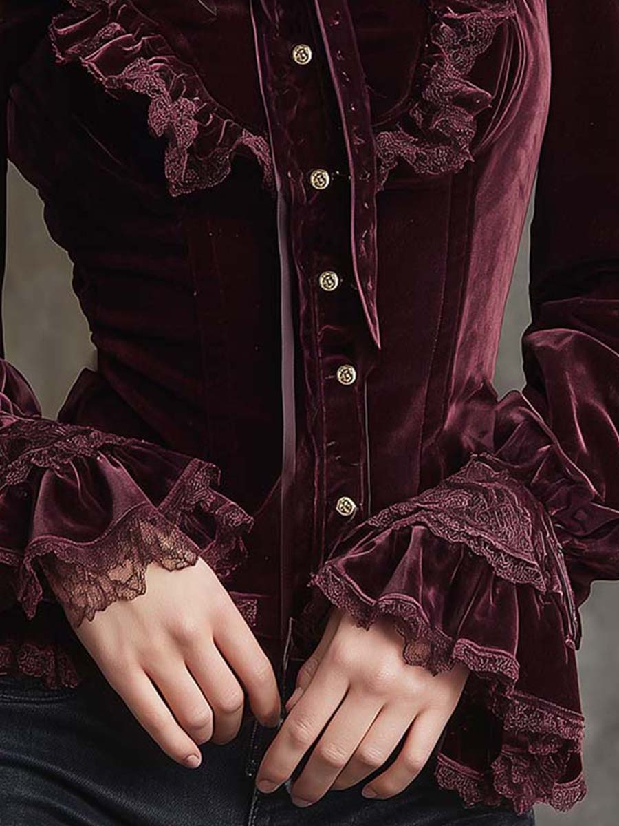 Garnet Red Romance Victorian Velvet Ruffle Blouse - Fashionpara