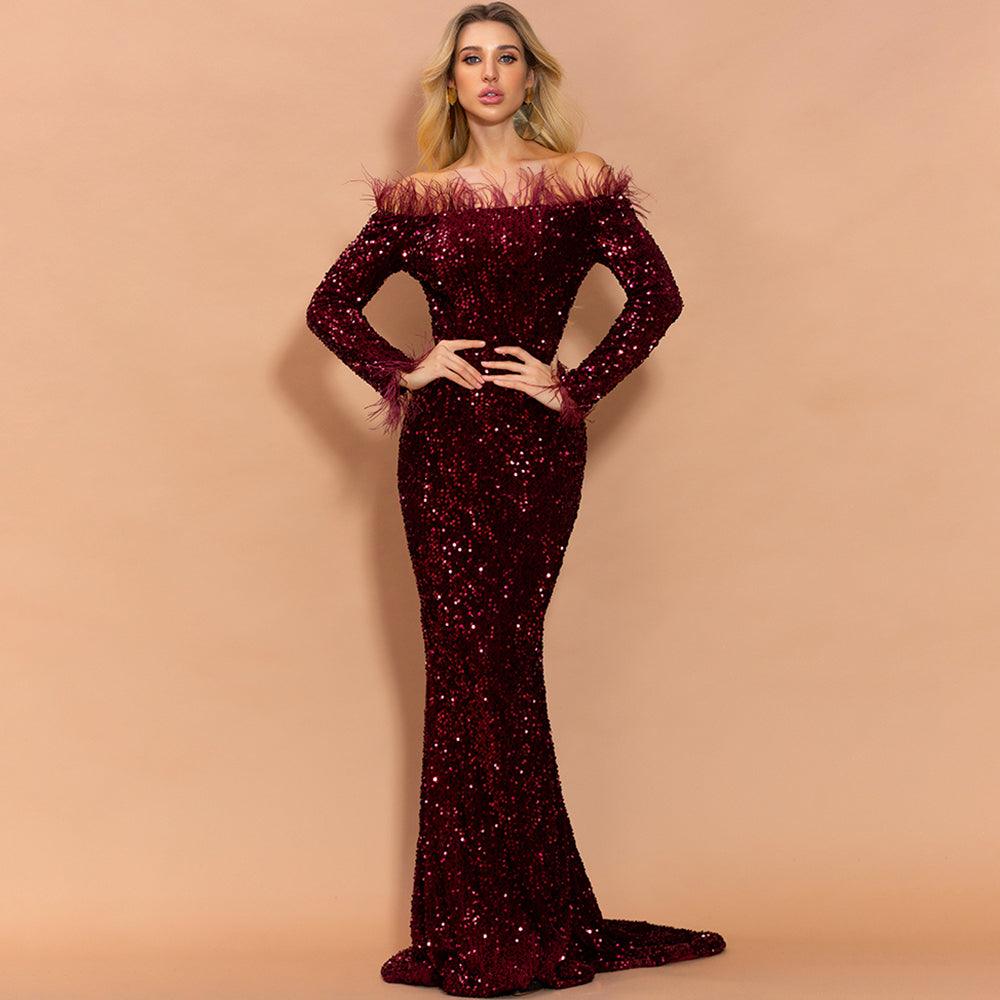 Crimson Red Feathered Mermaid Sequins Dress - Fashionpara