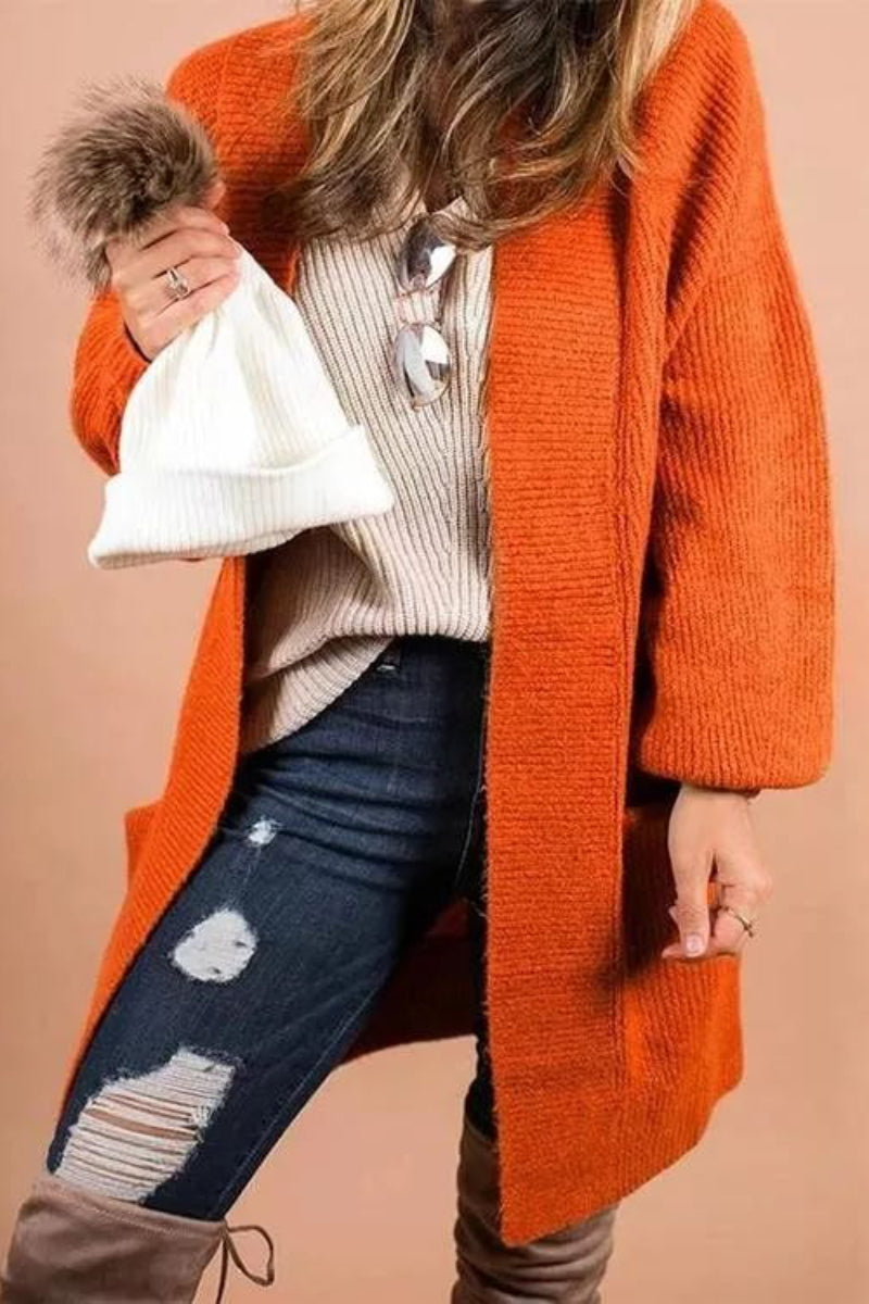 Pumpkin Color Lantern Sleeve Long Knitted Cardigan  Fashionpara