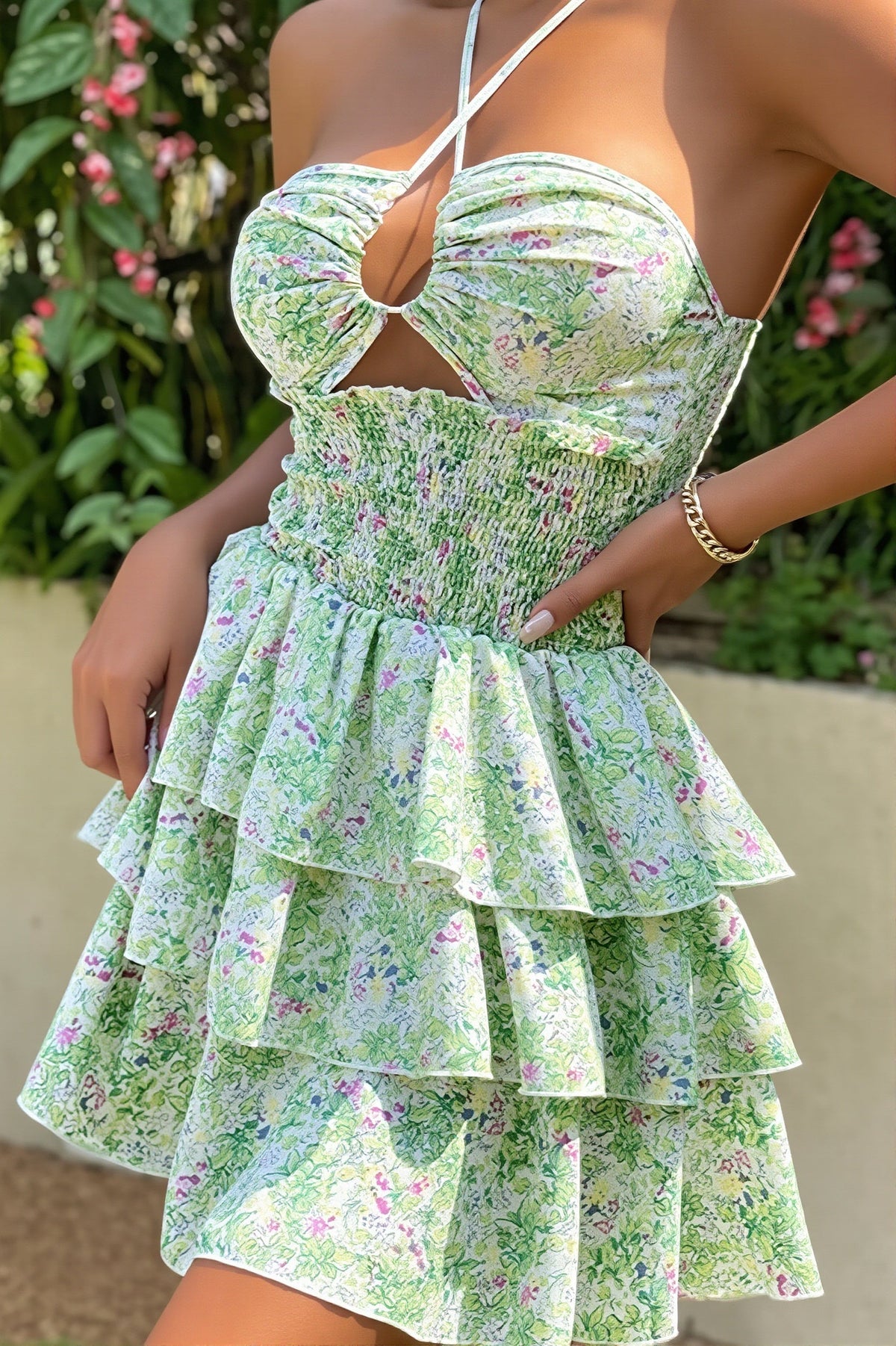 Floral Halter Cut Out Smocked Tiered Ruffle Mini Dress