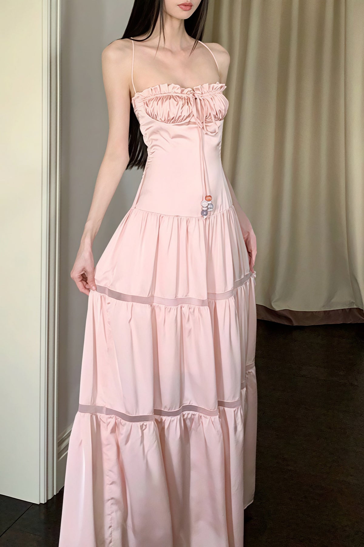 Satin Ruffle Trim Tiered Maxi Dress