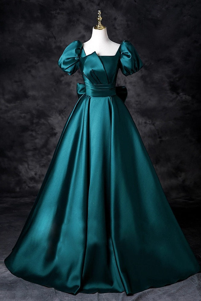 Square Neck Puff Sleeve Satin Bow Back A-Line Maxi Gown