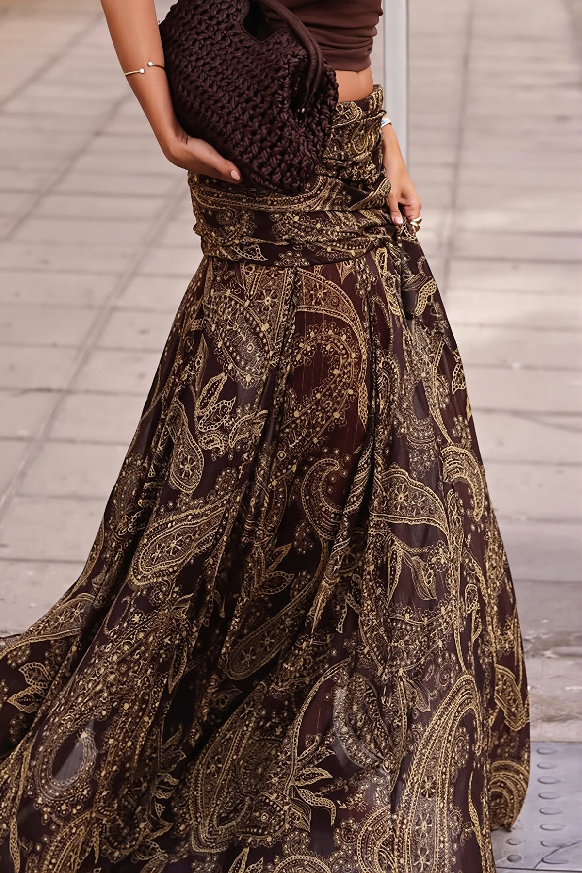 Boho Brown Paisley Print Maxi Skirt