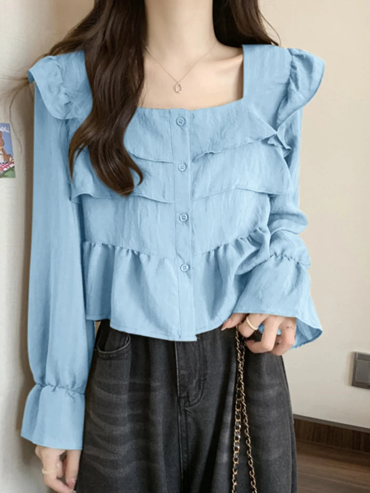 Ruffled Square Neck Flare Sleeve Blouse