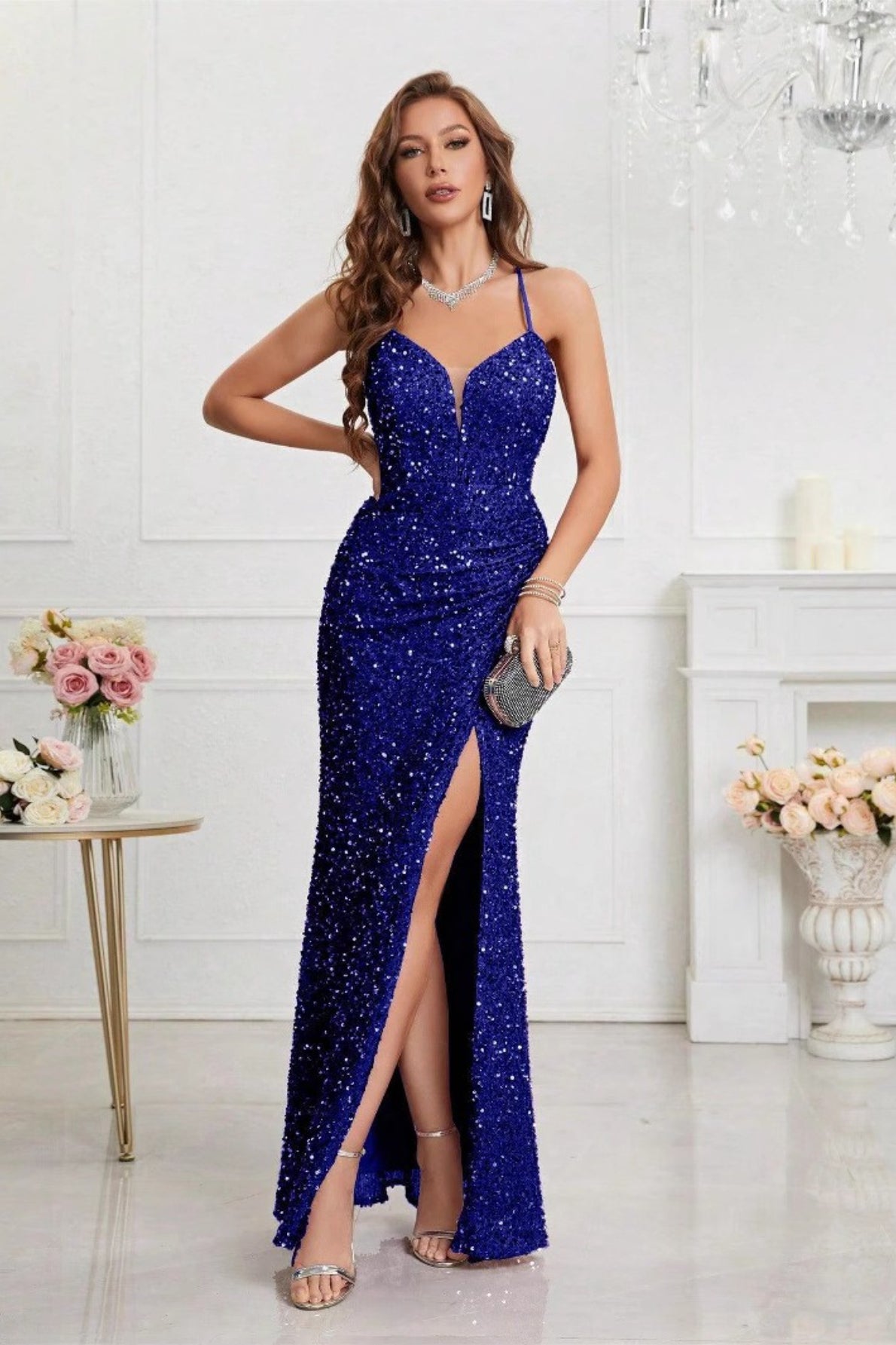Spaghetti Strap Sweetheart Sequin Ruched High Split Mermaid Gown 7