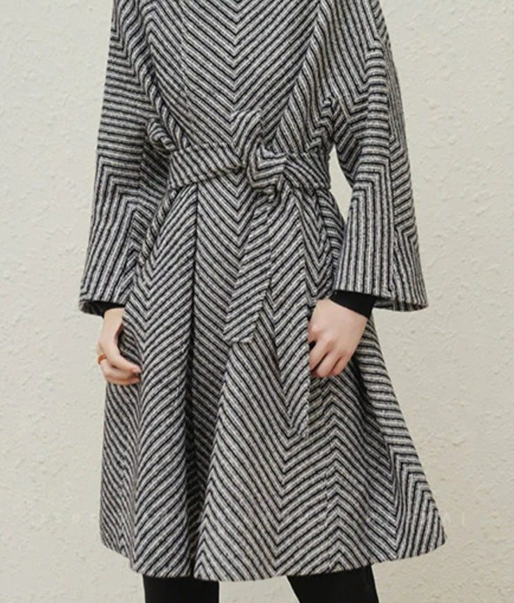 Zigzag Woolen Sashes A-Line Overcoat - Fashionpara