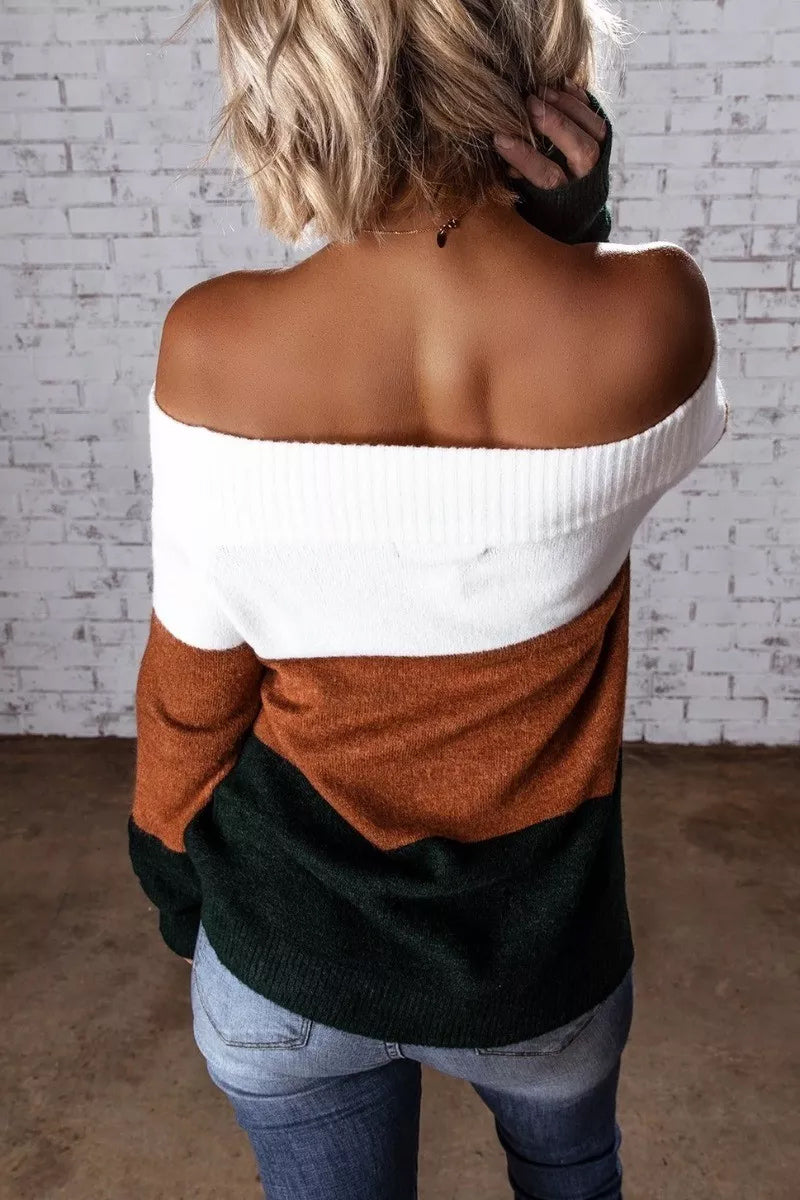Dew Shoulder Striped Sweater  Fashionpara