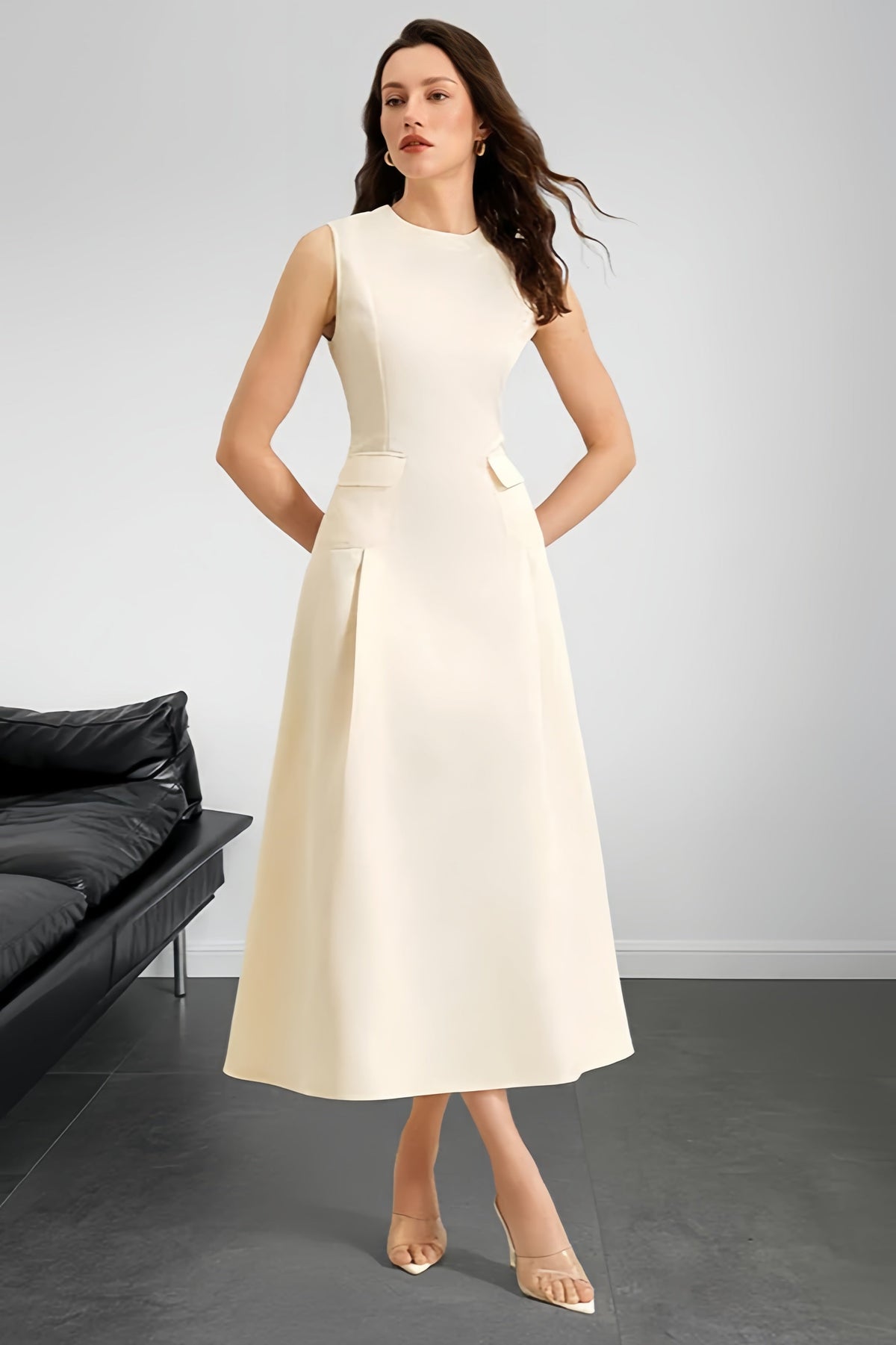 Satin Round Neck Sleeveless A-Line Midi Dress 3
