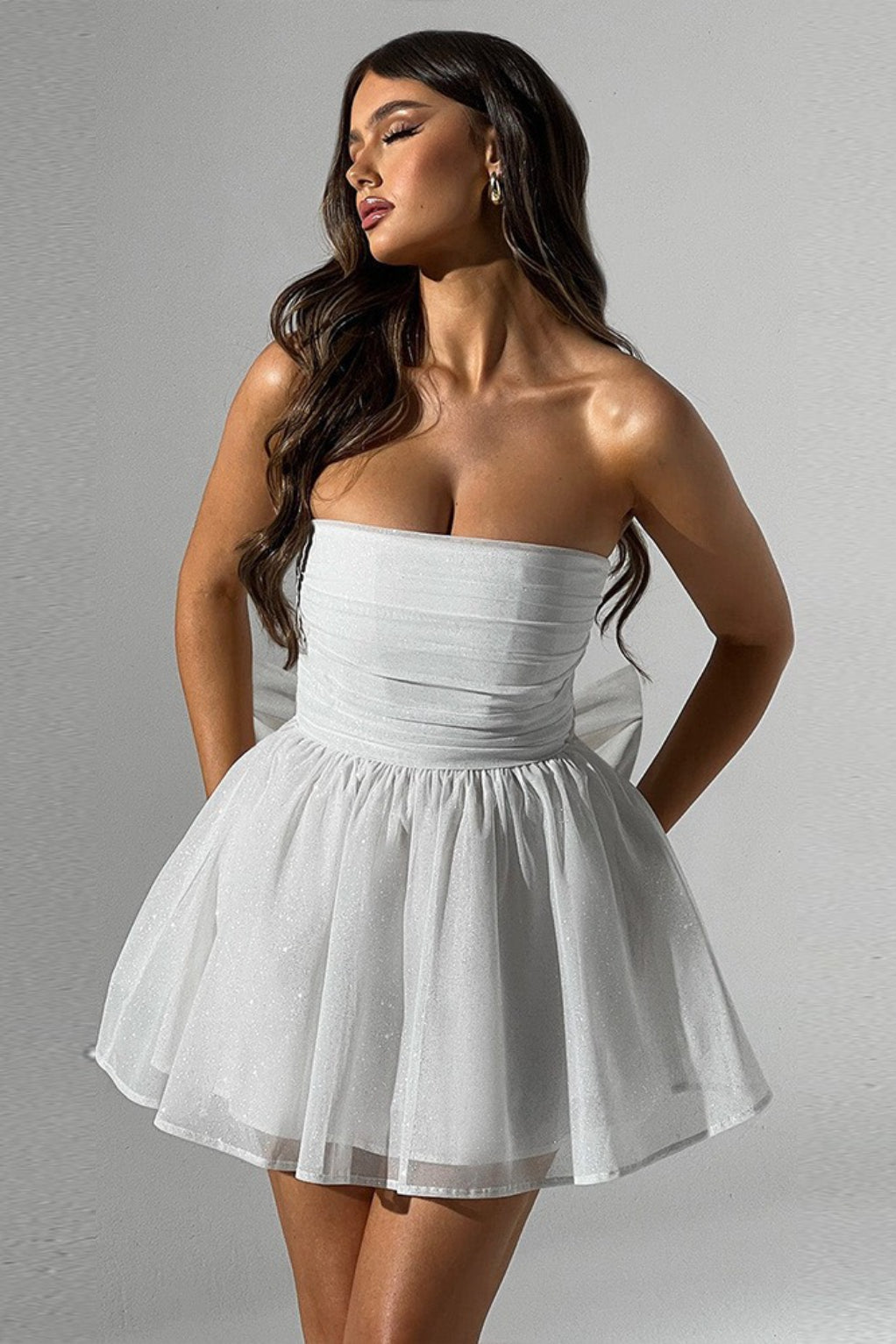 Glitter Tulle Strapless Ruched Fit and Flare Mini Dress
