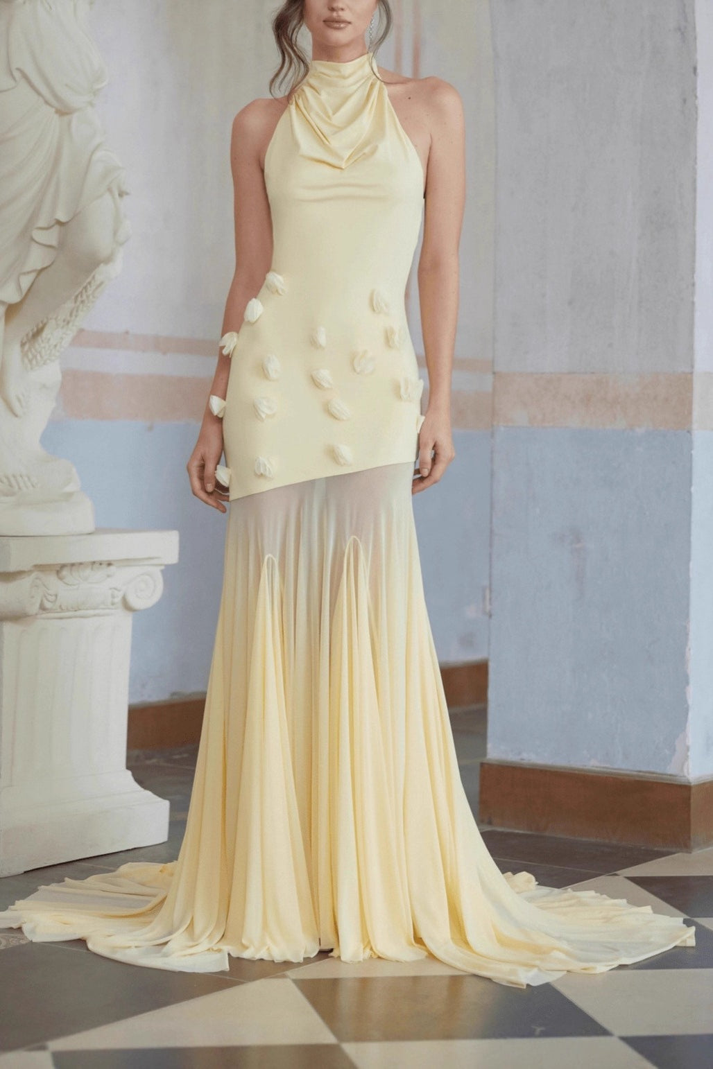 Satin Halter Cowl Neck Floral Applique Sheer Mermaid Maxi Gown