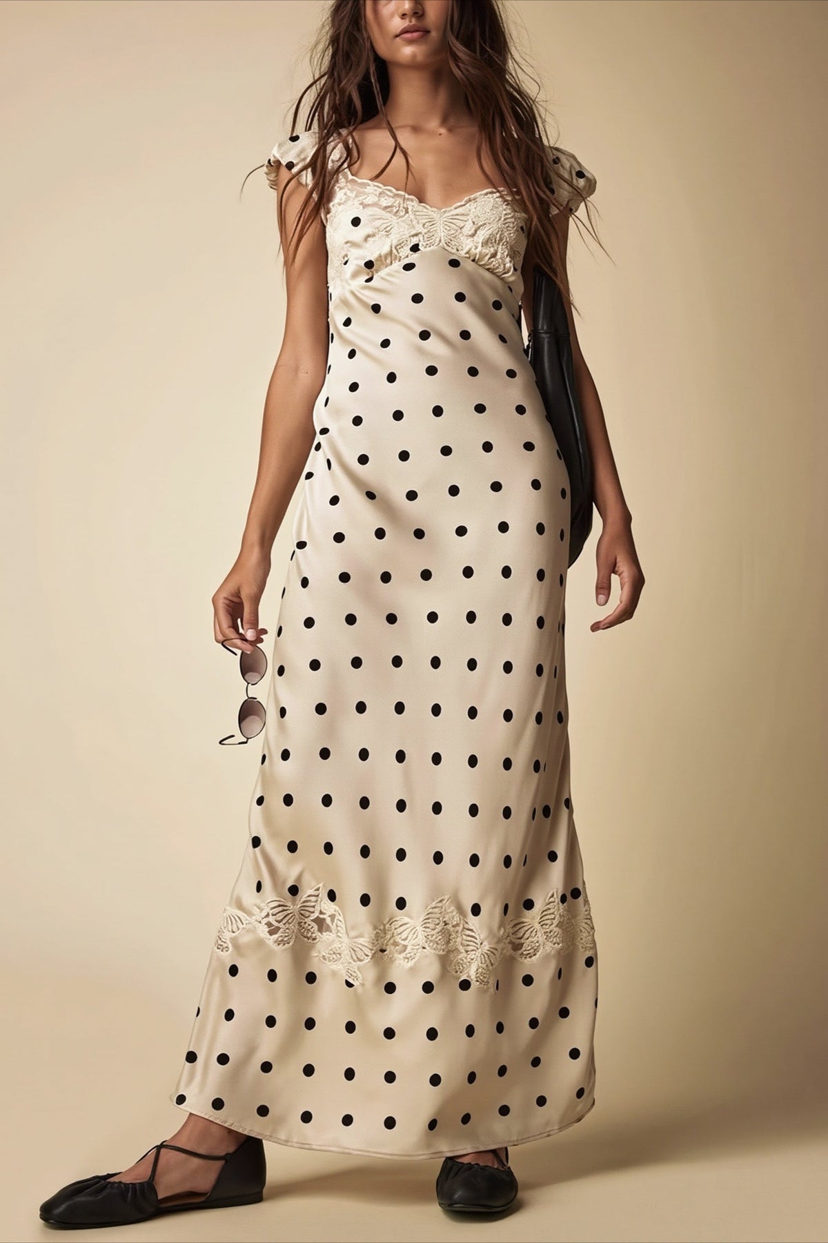 Polka Dot Lace Trim Cap Sleeve Satin Maxi Dress