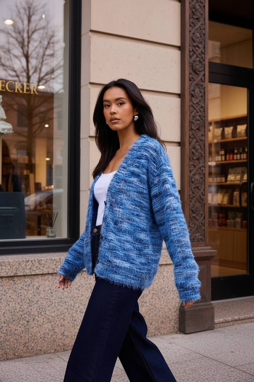 New Retro Fashion Deep V-Neck Maillard Plush Long-Sleeve Knit Cardigan - Fashionpara