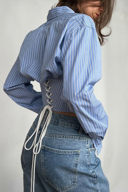 Striped Waist Cinched Collared Short Blouse