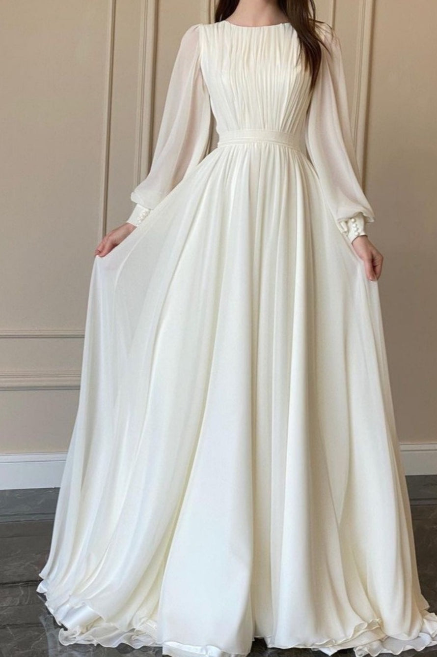 Chiffon Round Neck Long Sleeve Ruched A-Line Maxi Prom Dress