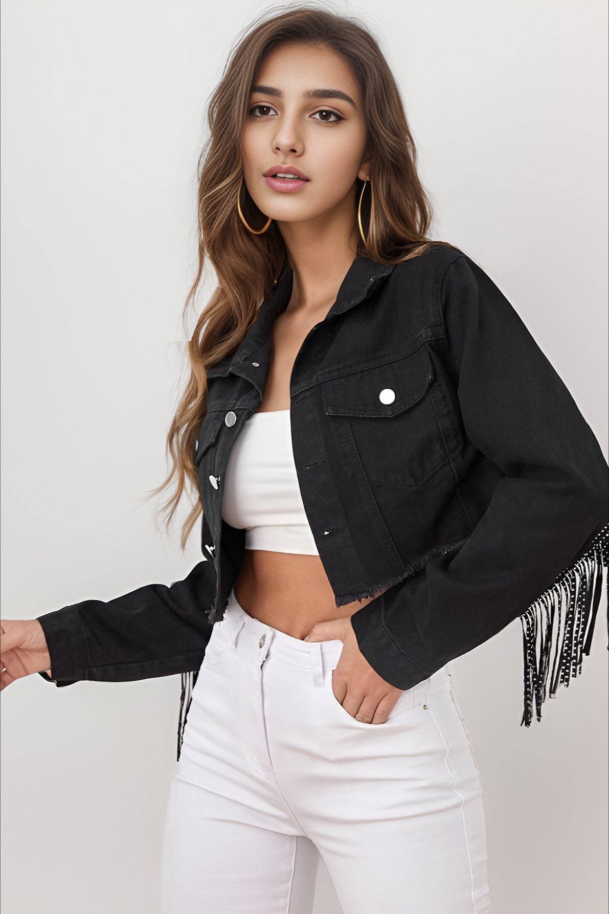 Beaded Fringe Denim Coat with Raw Hem for Stylish Layering - Fashionpara