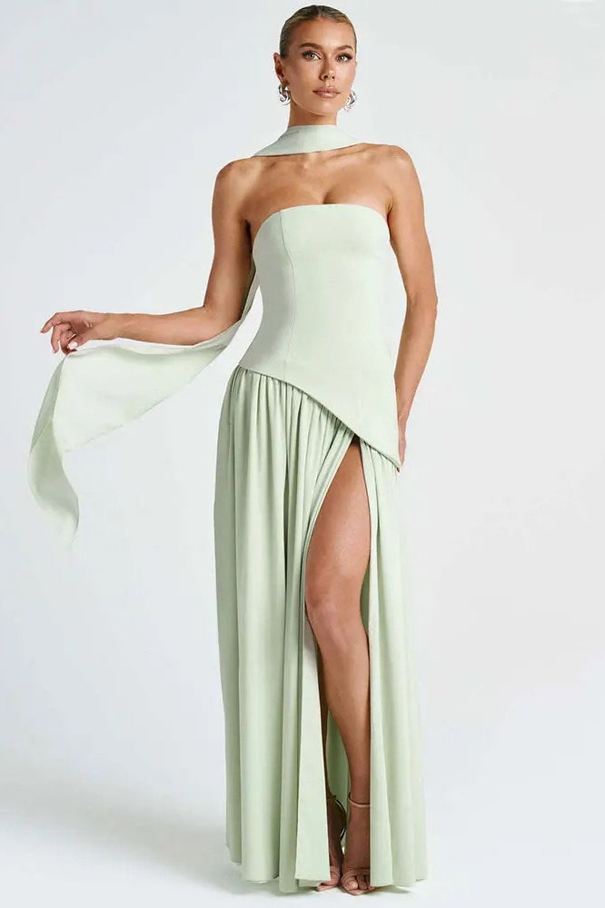 Satin Strapless High Split Asymmetric Draped Maxi Dress - View 10