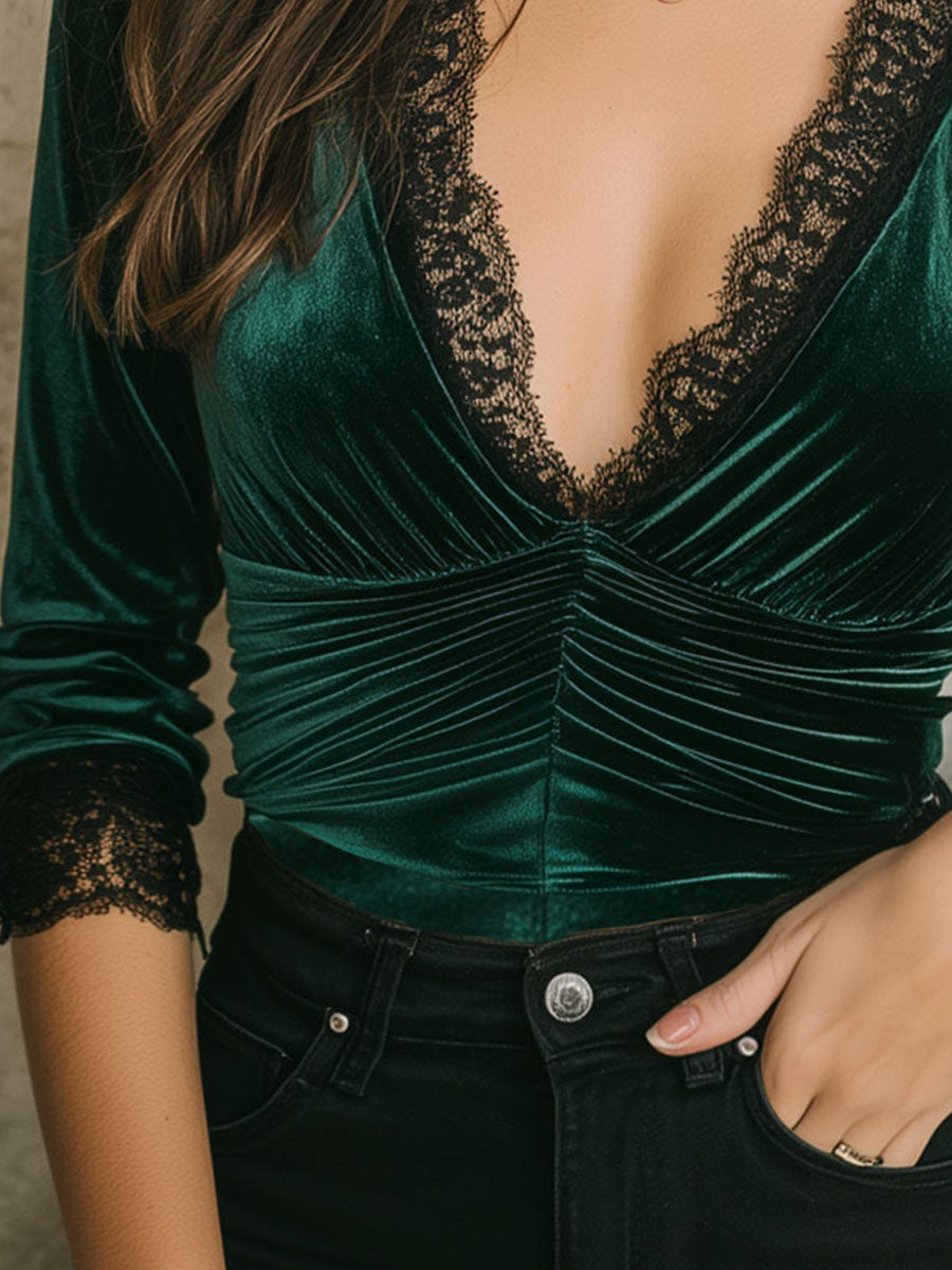 Emerald Green Velvet Lace Trim Ruched Bodice Blouse - Fashionpara