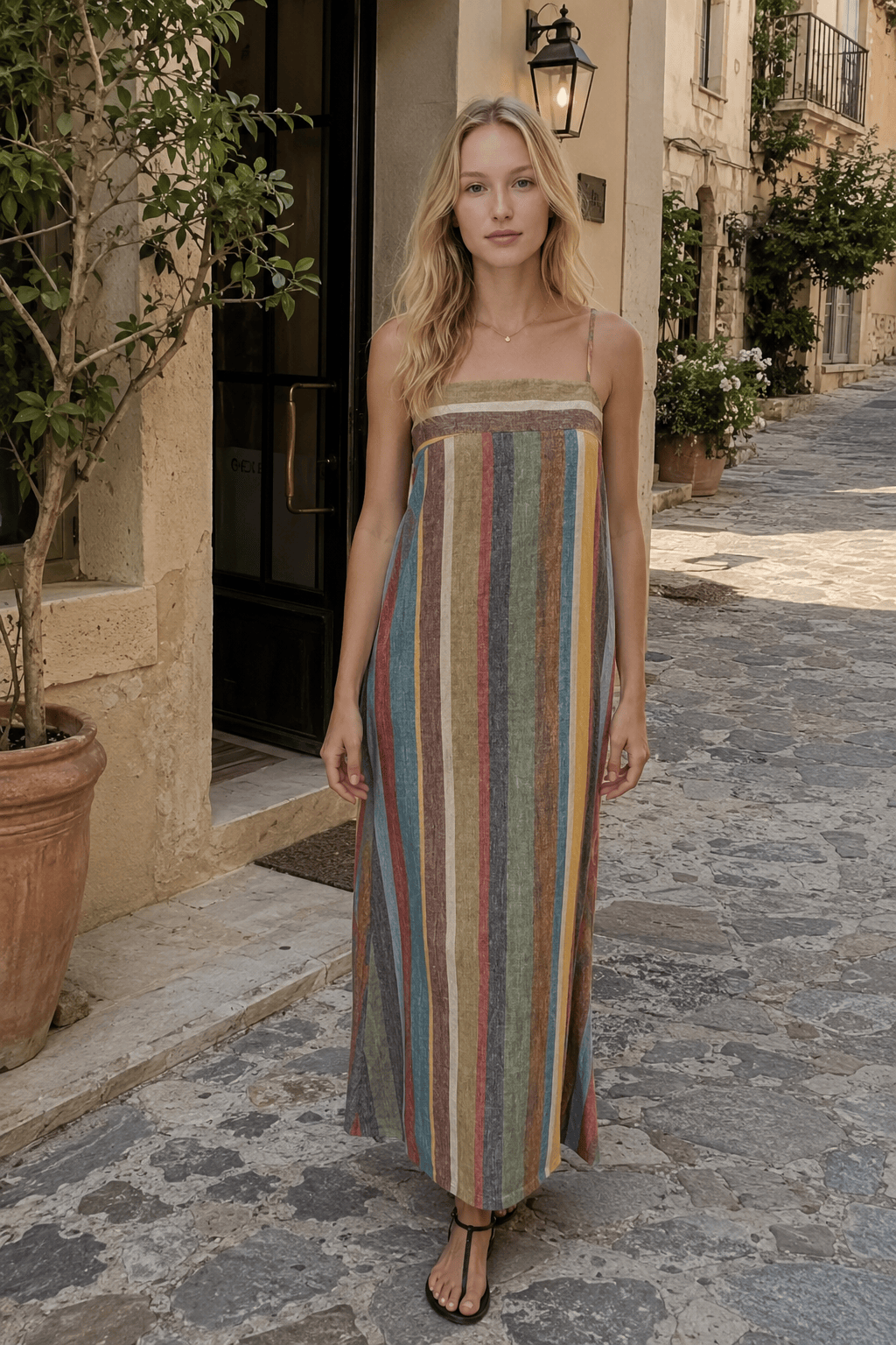 Striped Square Neck Sleeveless Maxi Dress