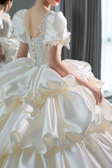 Satin Square Neck Puff Sleeve Beaded Ball Gown 3