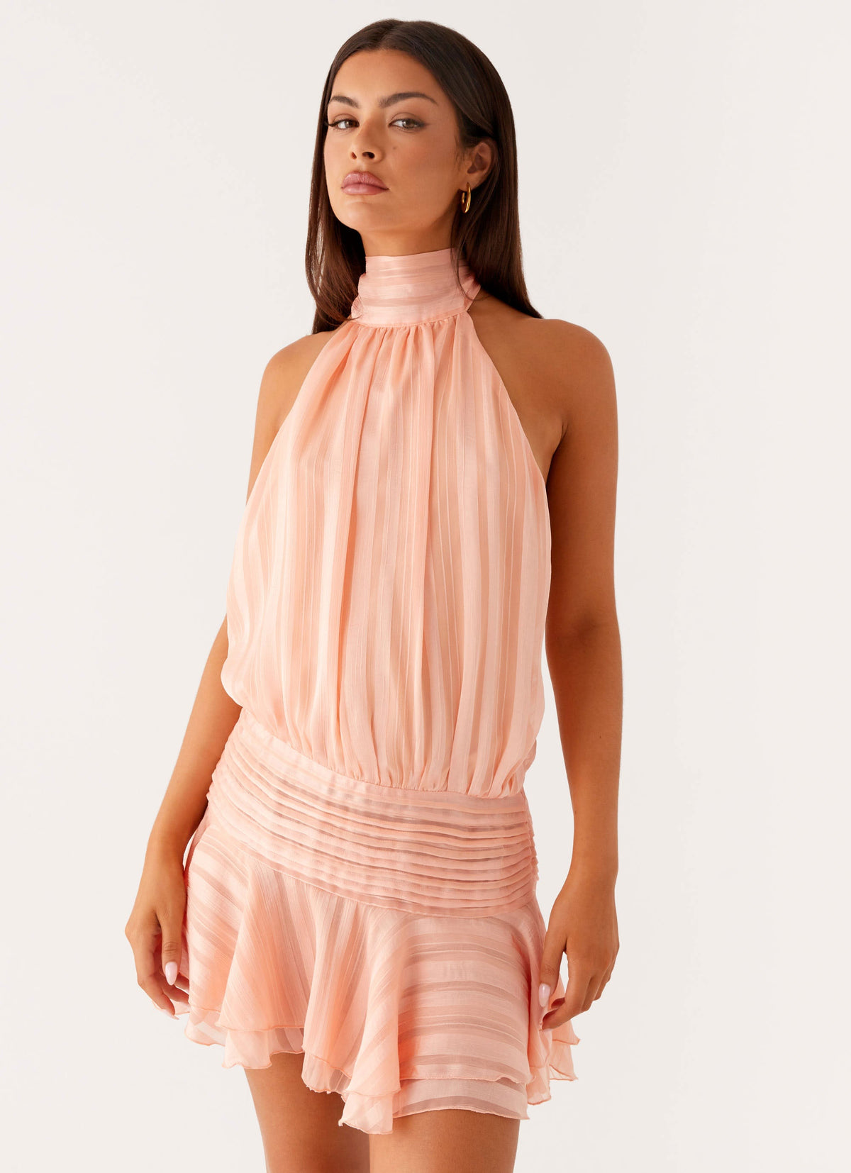 Striped High Halter Neck Sleeveless Drop Waist Ruffle Mini Dress 8