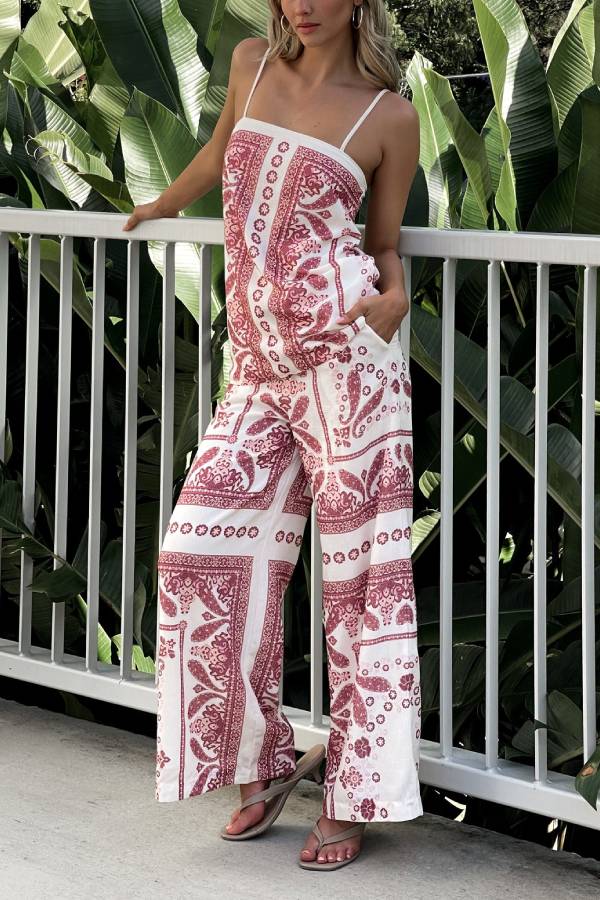 Unique Print Loose Casual Tank Top and Elastic Waist Wide Leg Straight Pants Set - Fashionpara