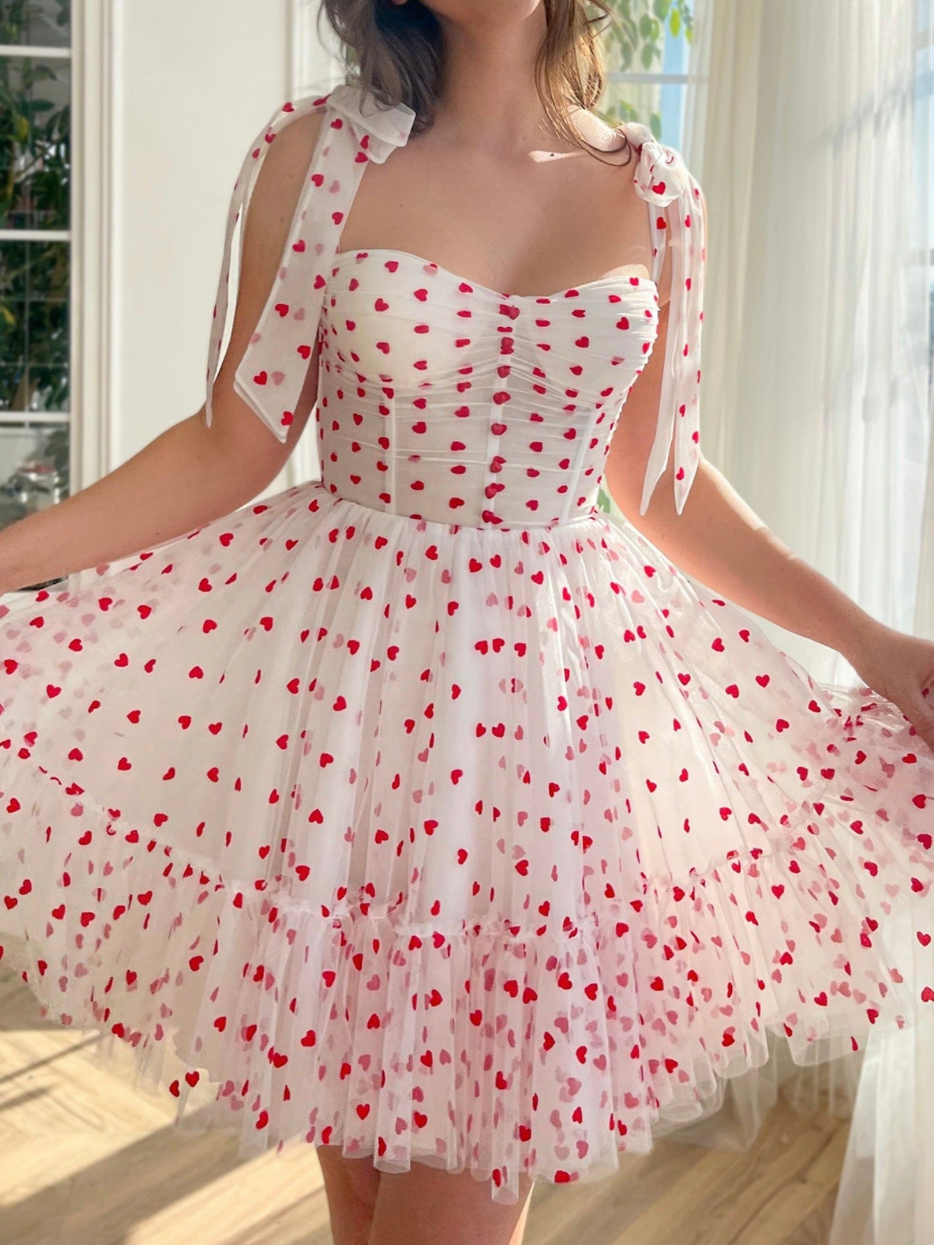 A-Line Tulle Pink Midi Prom Dress with Sweetheart Neckline - Fashionpara