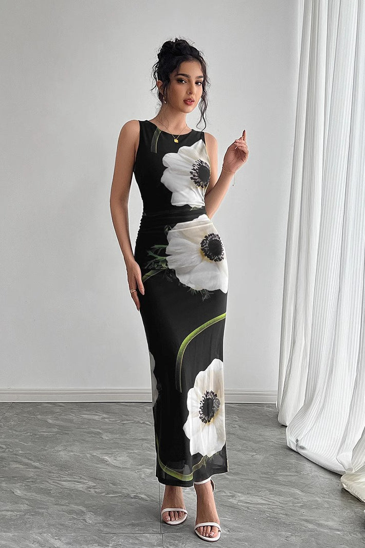 Floral Print Crew Neck Sleeveless Bodycon Maxi Dress 2