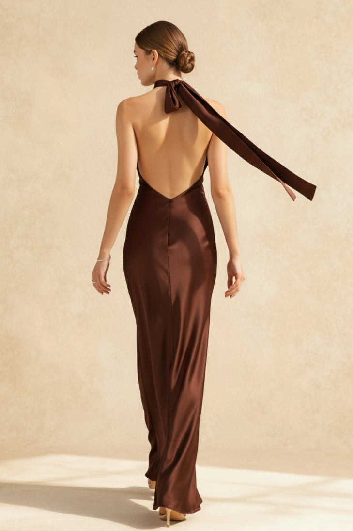 Satin Halter Neck Backless Mermaid Maxi Gown 5