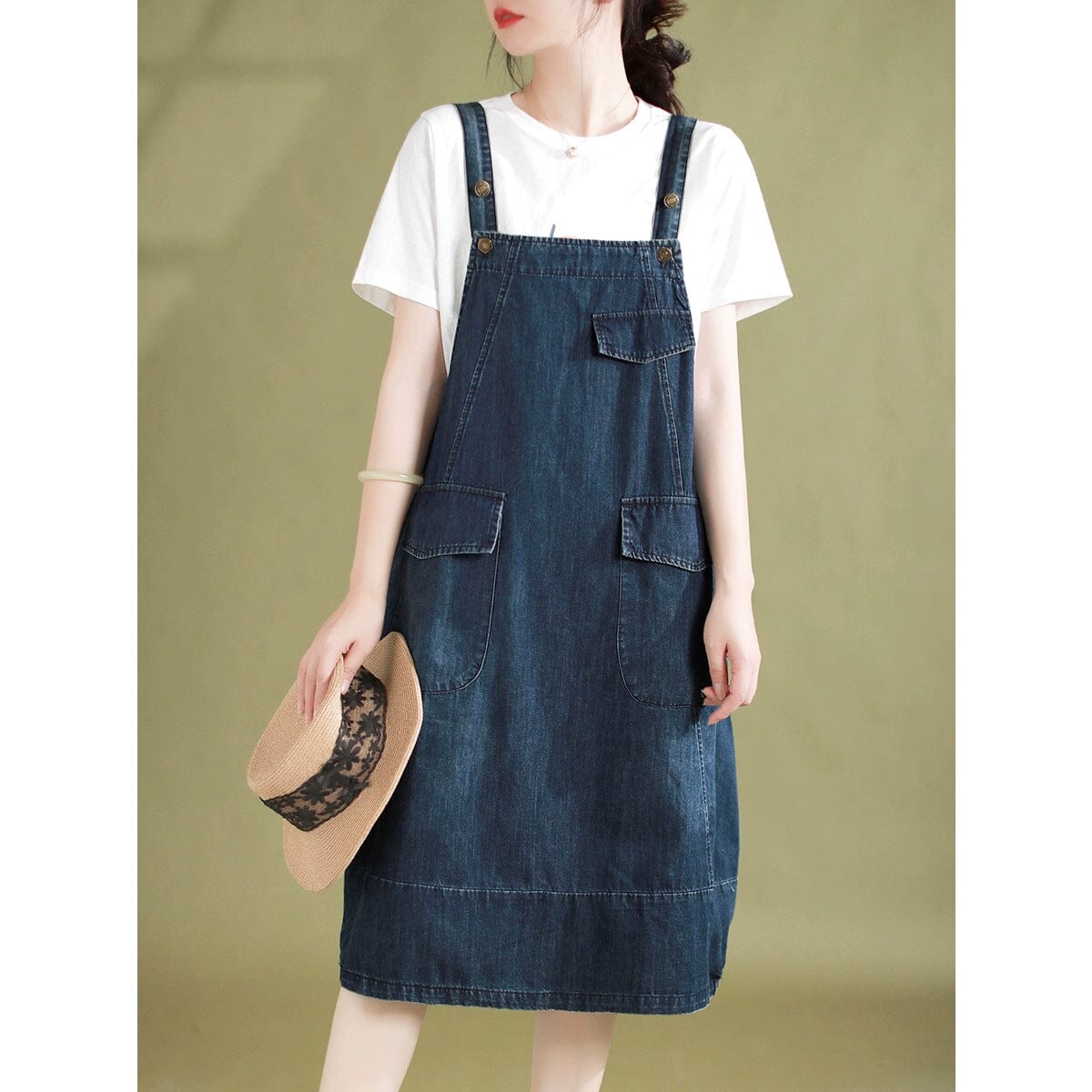 Sleeveless Denim Pinafore Flap Pocket Button Strap Midi Dress - View 6