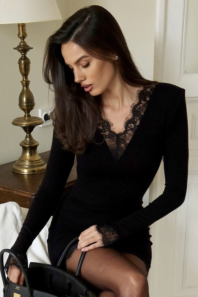 Lace-Trim V-Neck Long Sleeve Bodycon Mini Dress