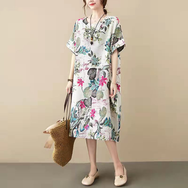 Floral Print Oversized Short Sleeve Shift Midi Dress - View 2