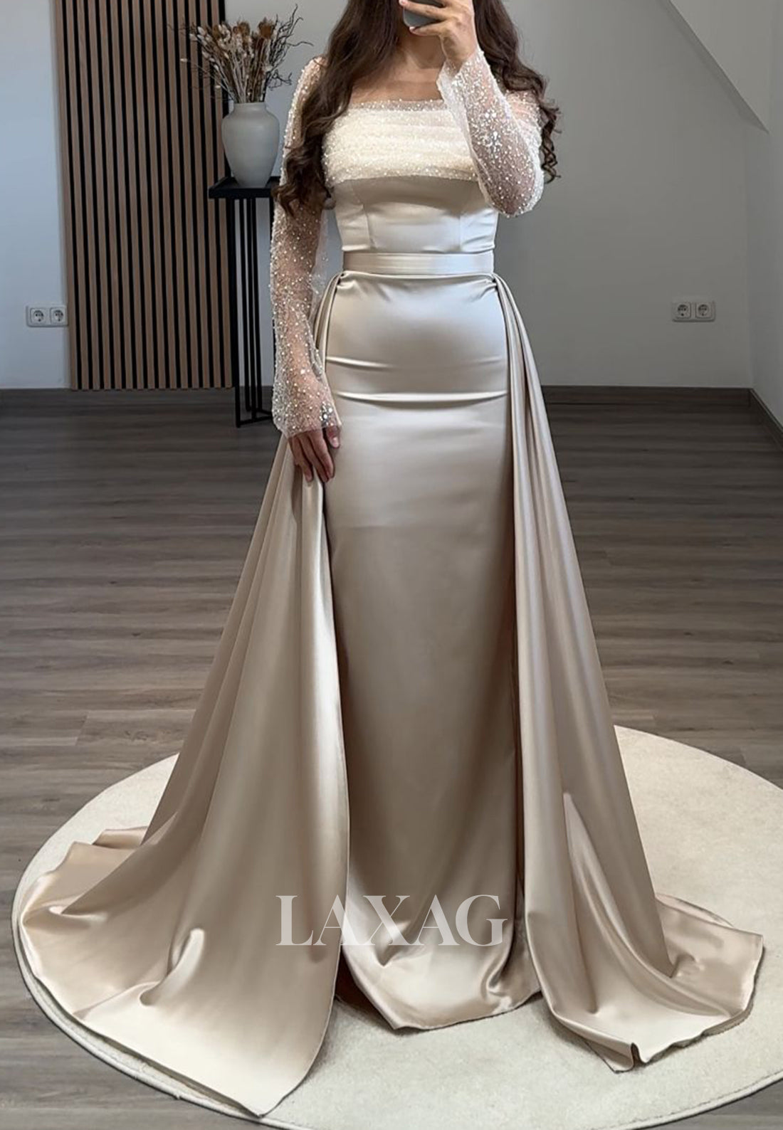 Long Sleeves Square-Nck Pleated Party Gowns Beaded Sequined Mermaid Prom Dress with Overskirt