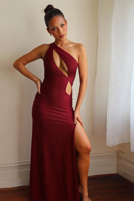 One Shoulder Cutout Thigh-Slit Bodycon Maxi Dress 12