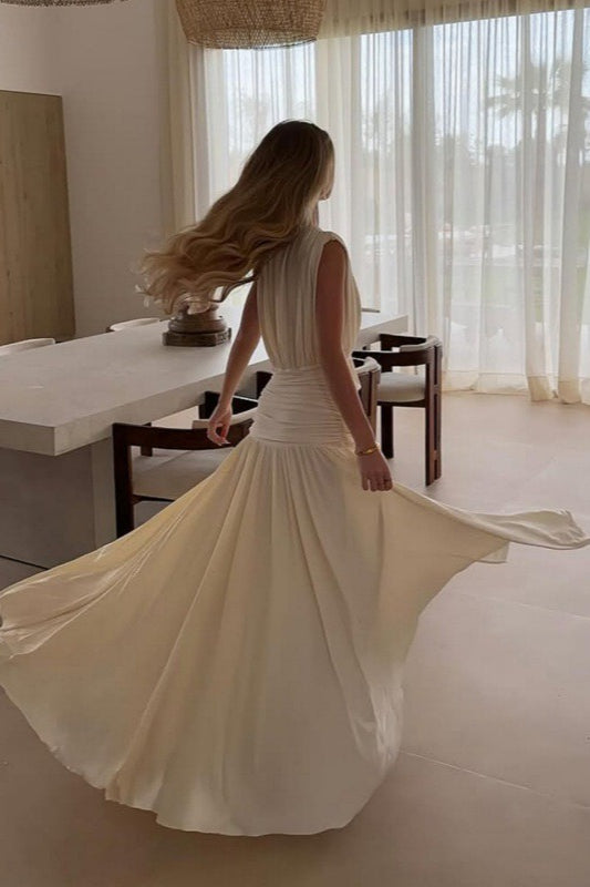 V-Neck Sleeveless Ruched Wrap Drop-Waist Maxi Dress