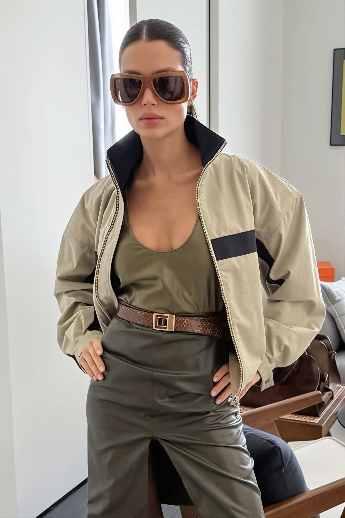 Color Block Stand Collar Zip Jacket