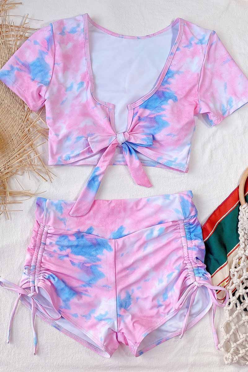 Shirred Basic Shorts Two Piece Swimsuit - Fashionpara
