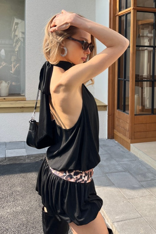 Satin Halter High Neck Blouson Leopard Trim Mini Dress