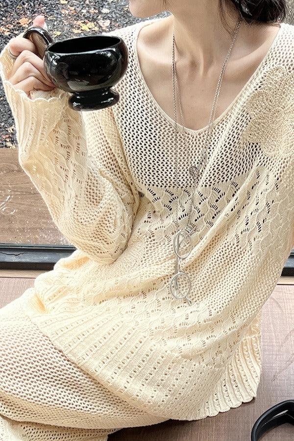Cotton Embroidered Hollow Knit Blouse