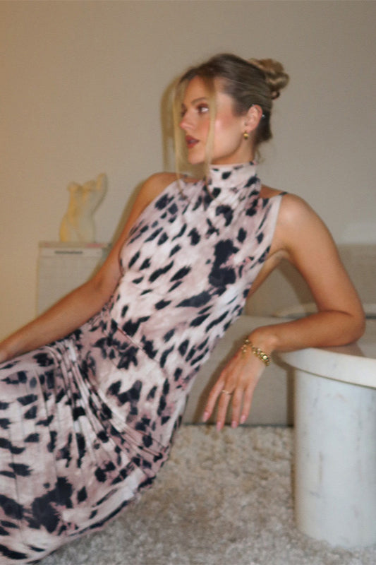 Leopard Print High Neck Backless Maxi Dress