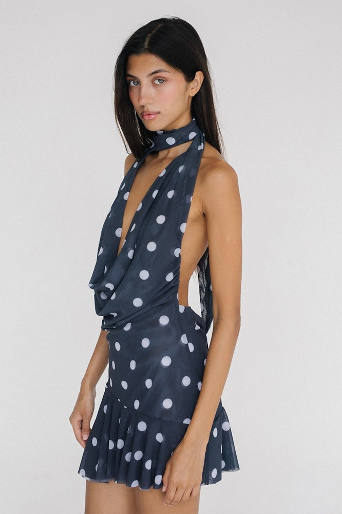 Polka Dot Halter Backless Mesh Mini Dress - Fashionpara
