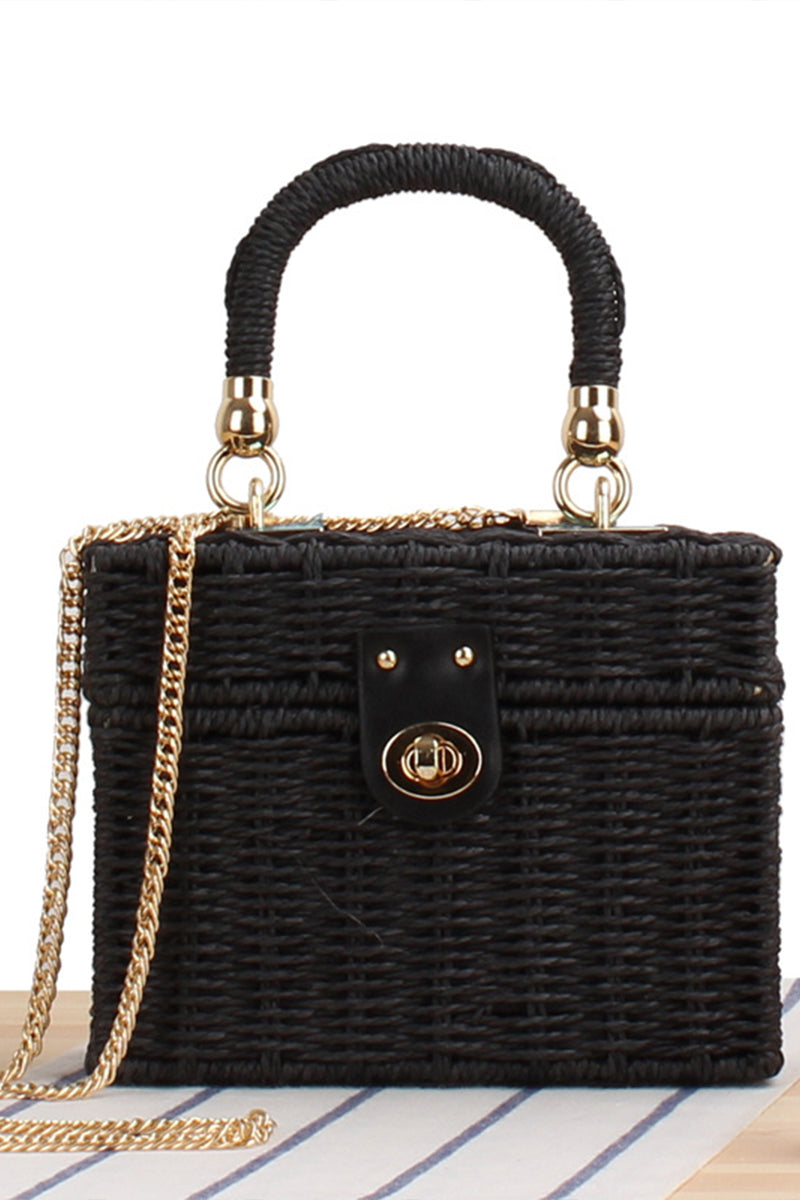 Box Shape Top-Handle Woven Straw Beach Handbag - Fashionpara