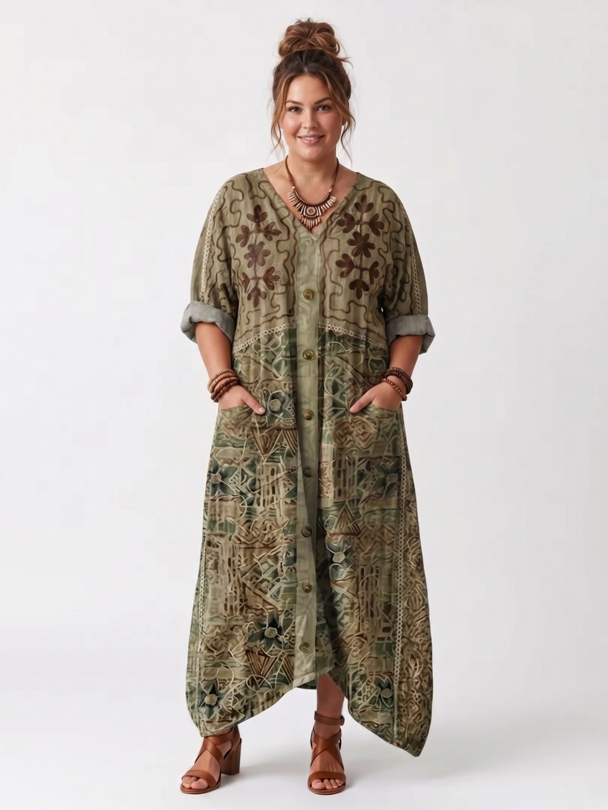 Geometric Print Button Front Rolled Sleeve Kaftan Maxi Dress 2