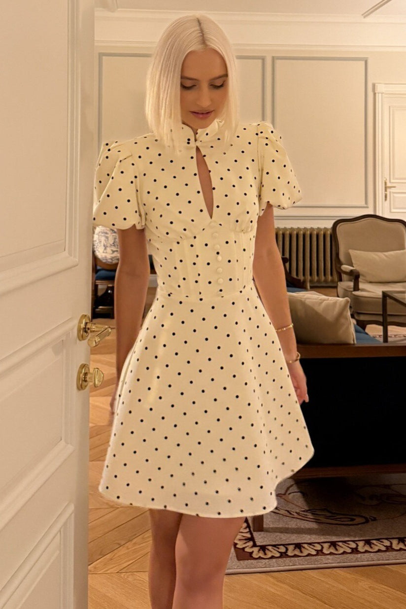 Polka Dot High Neck Keyhole Puff Sleeve Mini Dress 3