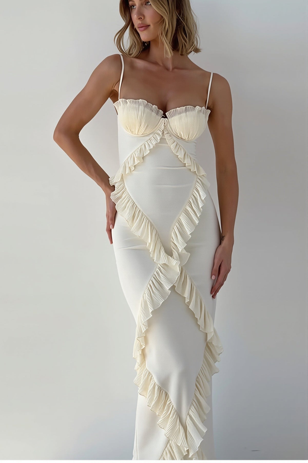 Corset Bust Cascade Ruffle High Split Maxi Dress