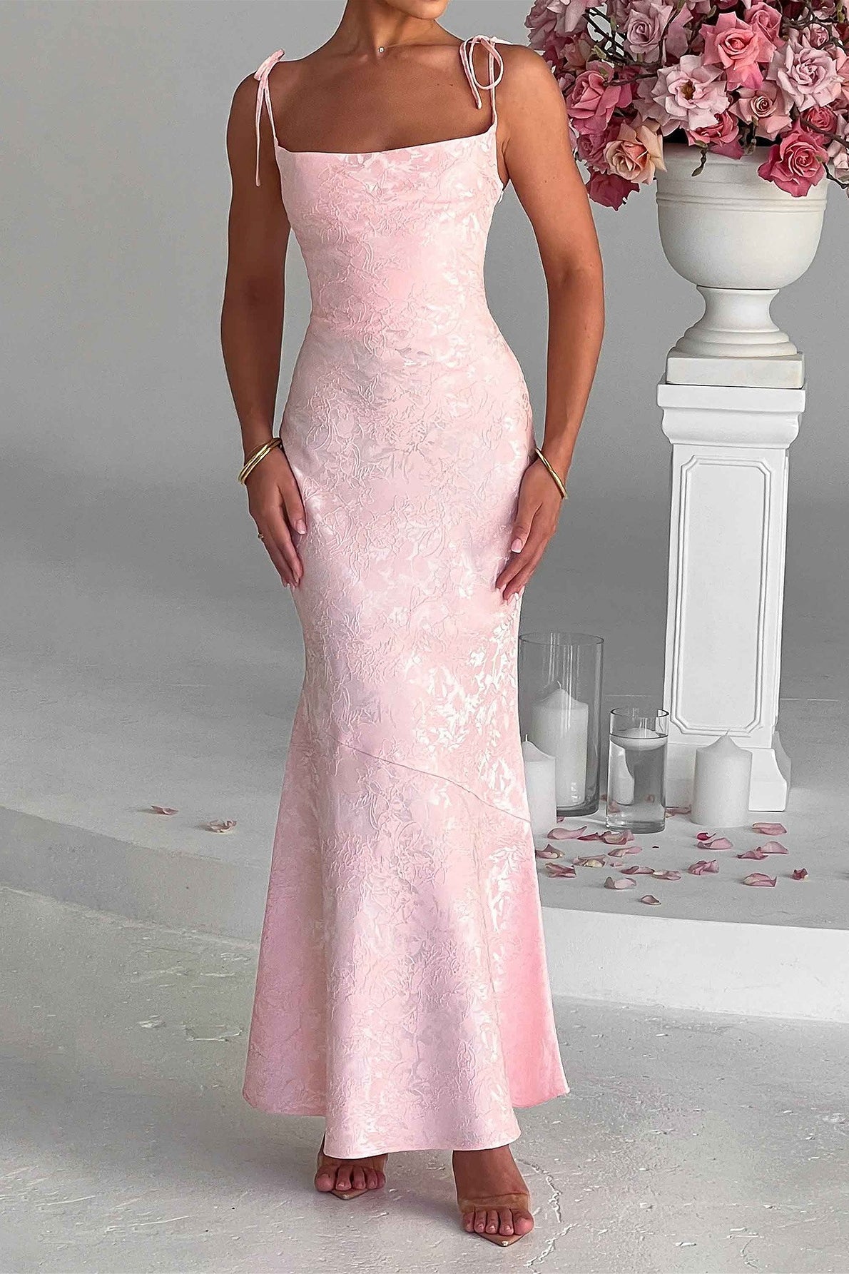 Jacquard Square Neck Tie Strap Fishtail Maxi Gown 5