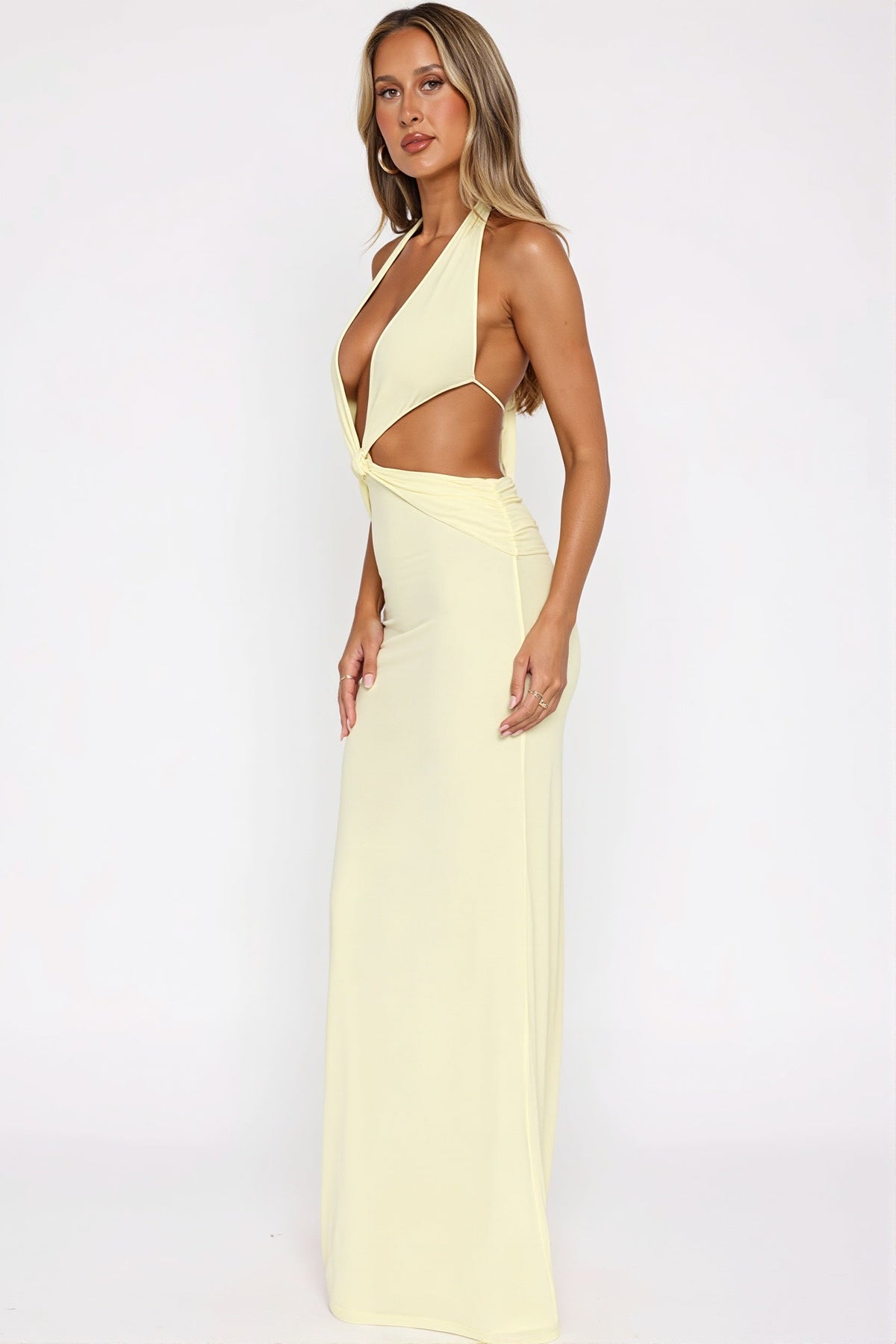 Halter Neck Plunge Cut Out Twist Front Maxi Gown
