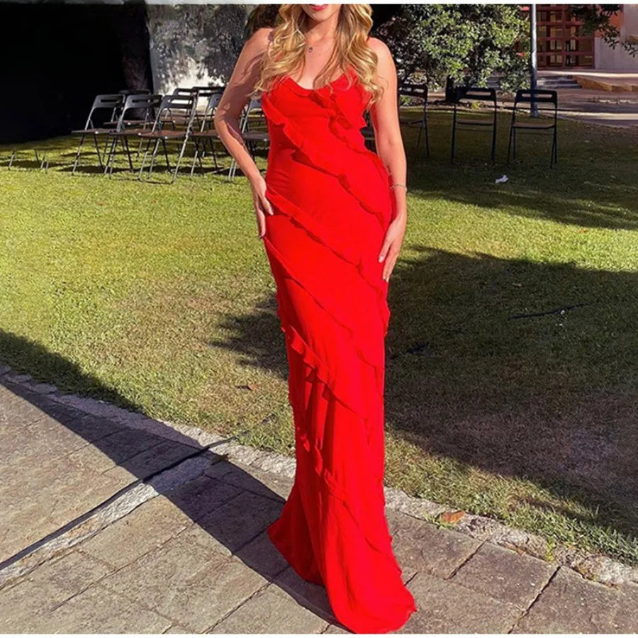 Ruffles Chiffon Backless Split Maxi Red Christmas Party Dress - Fashionpara