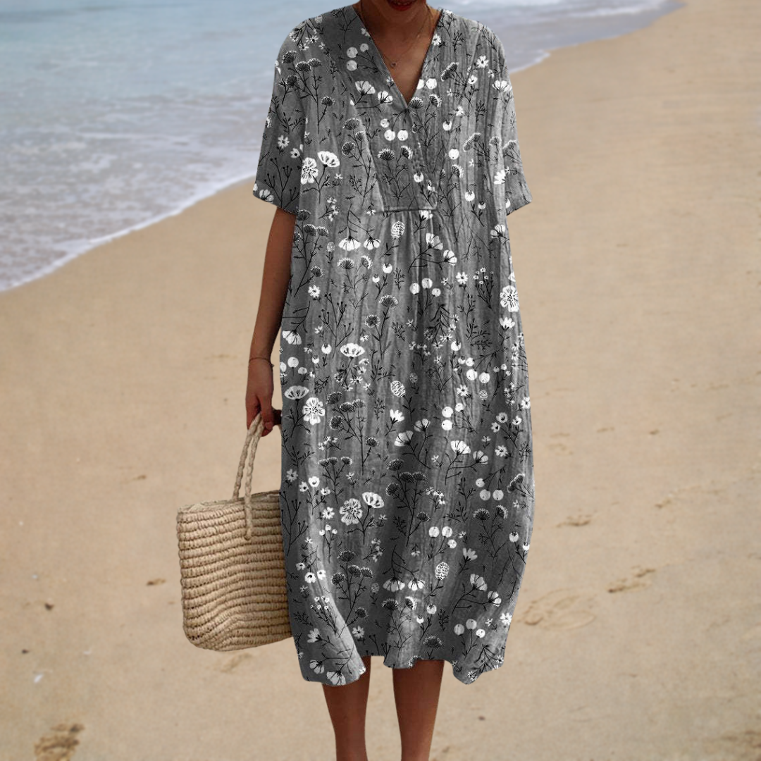 Floral Print V-Neck Short Sleeve Pocket Midi Dress Summer