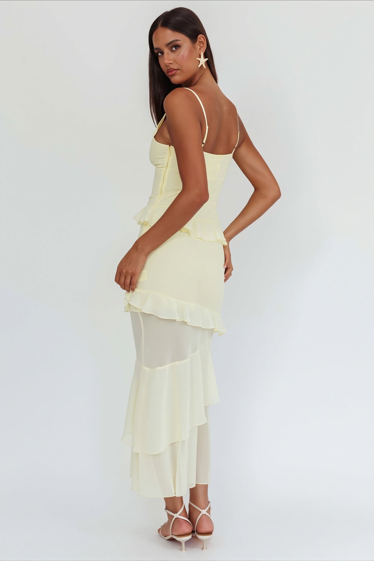Chiffon V-Neck Rosette Ruffle Tiered Maxi Dress