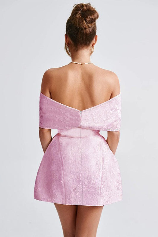 Off Shoulder Oversized Bow Brocade Structured A-Line Mini Party Dress - View 3